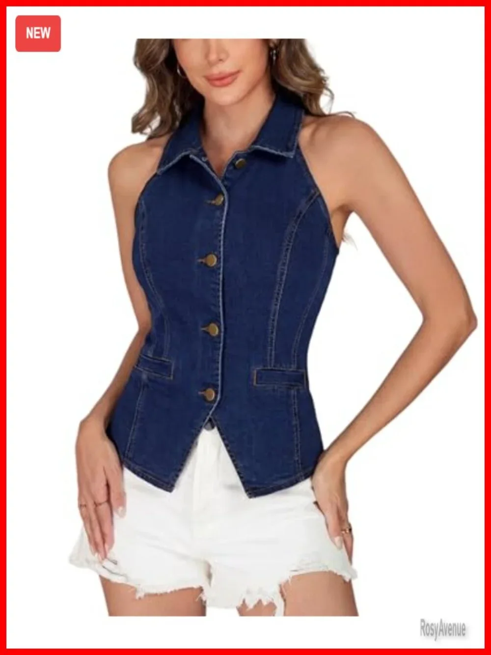 Denim Halter Vest Top Sleeveless Jean Blazer Shirt Waistcoat Button Down
